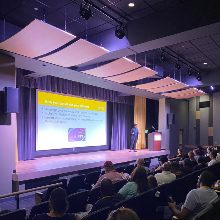 Delivering a keynote to a packed auditorium at Towson University.