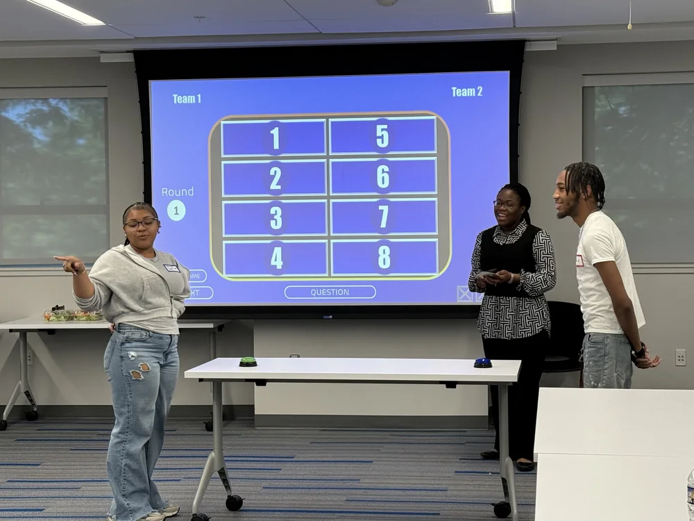 Students competing in a career-readiness game show during a coaching workshop.